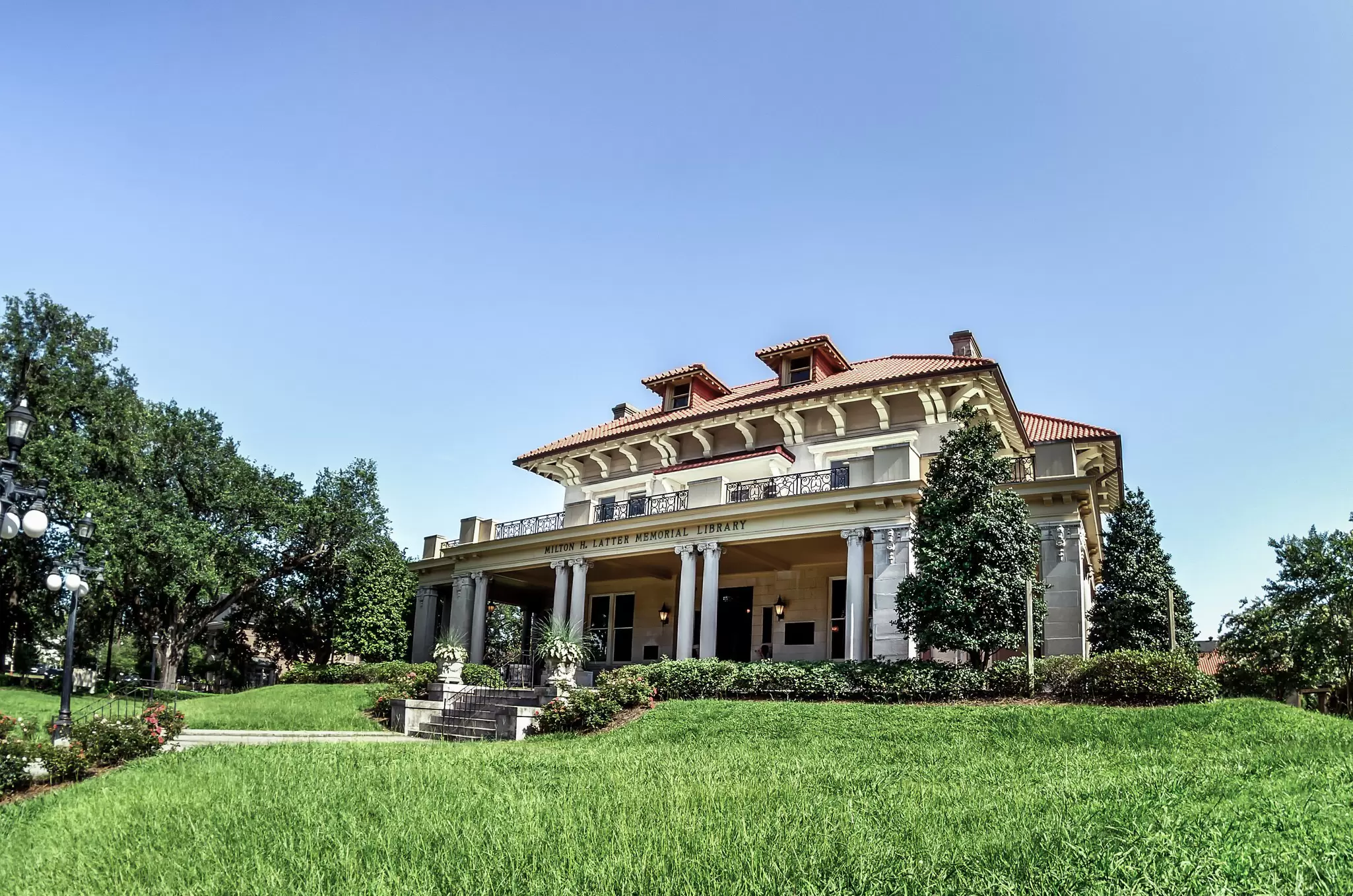 Exterior view of the Milton H Latter Memorial Library off St. Charles Ave in New Orleans, Louisiana.