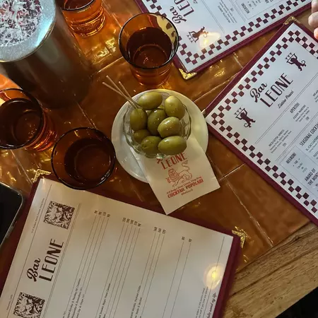 Drinks, olives and menus at Bar Leone