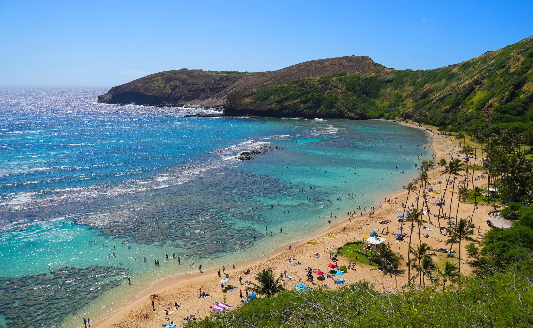 Curving bay with turquoise reef-filled water, golden sand and a volcanic crater ridge, resembling Hanauma Bay, Hawaii