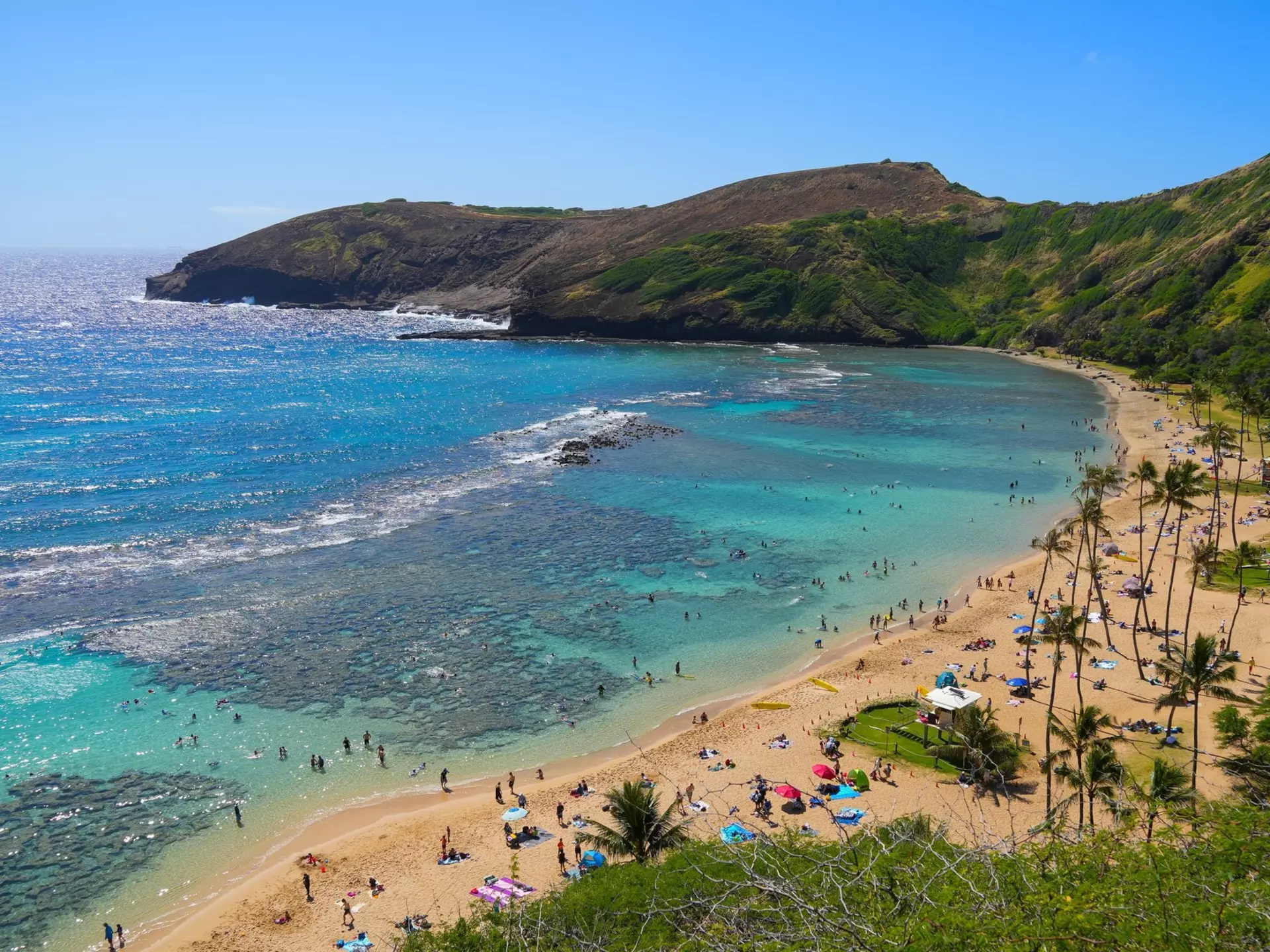 Aerial view of the beach of Hanauma Bay Nature Preserve on O'ahu island in Hawaii, United States, License Type: media, Download Time: 2025-12-05T21:19:29.000Z, User: rhylton_redventures, Editorial: false, purchase_order: 65050 - Digital Destinations and Articles, job: Lonely Planet, client: social, other: Rhianydd Hylton