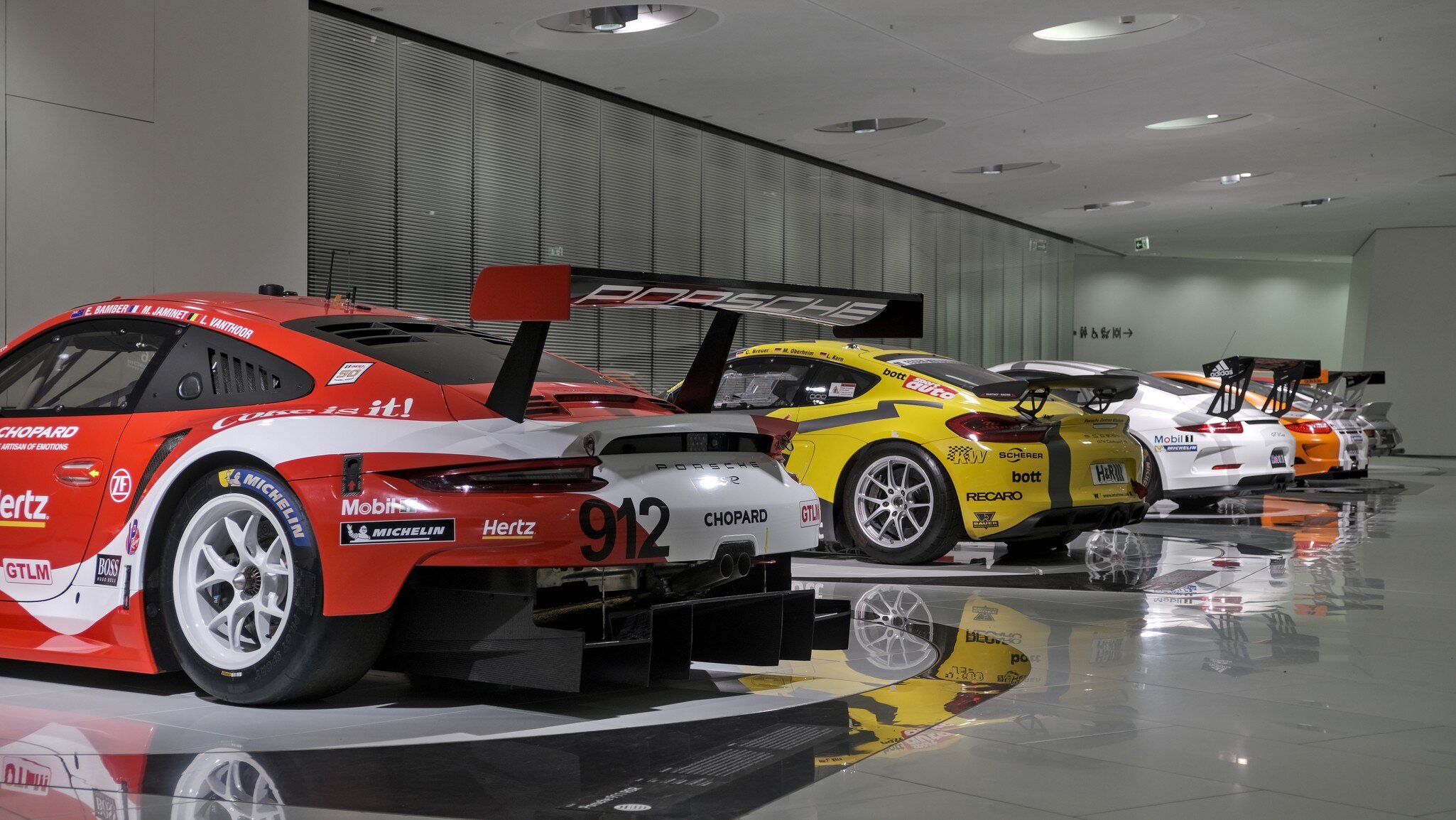 Porsche modern race cars exhibition at the Porsche Museum in Stuttgart, Germany.