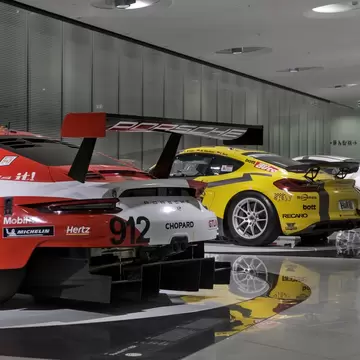 Porsche modern race cars exhibition at the Porsche Museum in Stuttgart, Germany.