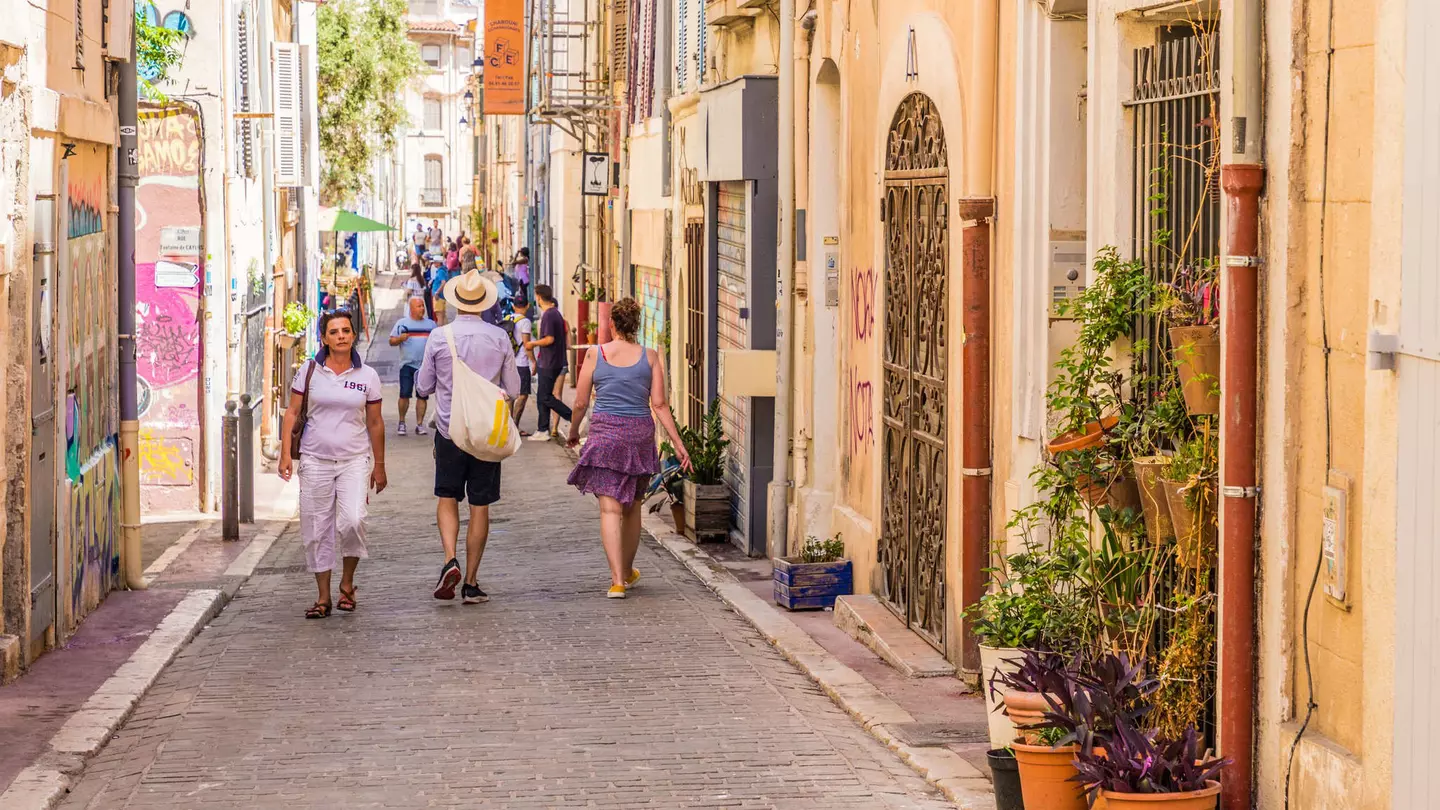 A street scene in the old town La Panier in Marseille in France