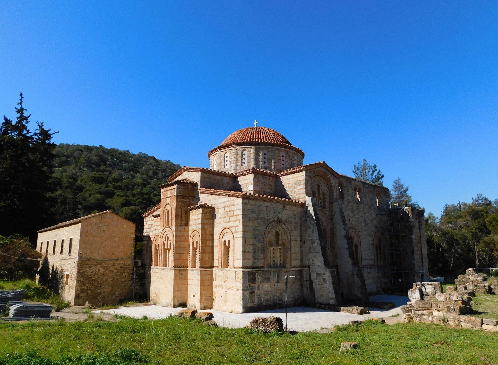 Exterior view of Dafni Monastery in Athens, Greece.