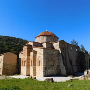 Exterior view of Dafni Monastery in Athens, Greece.