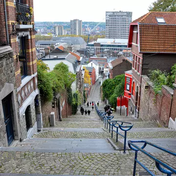 View from the stairway of the Montagne de Bueren downwards to the city center of Liege, Belgium