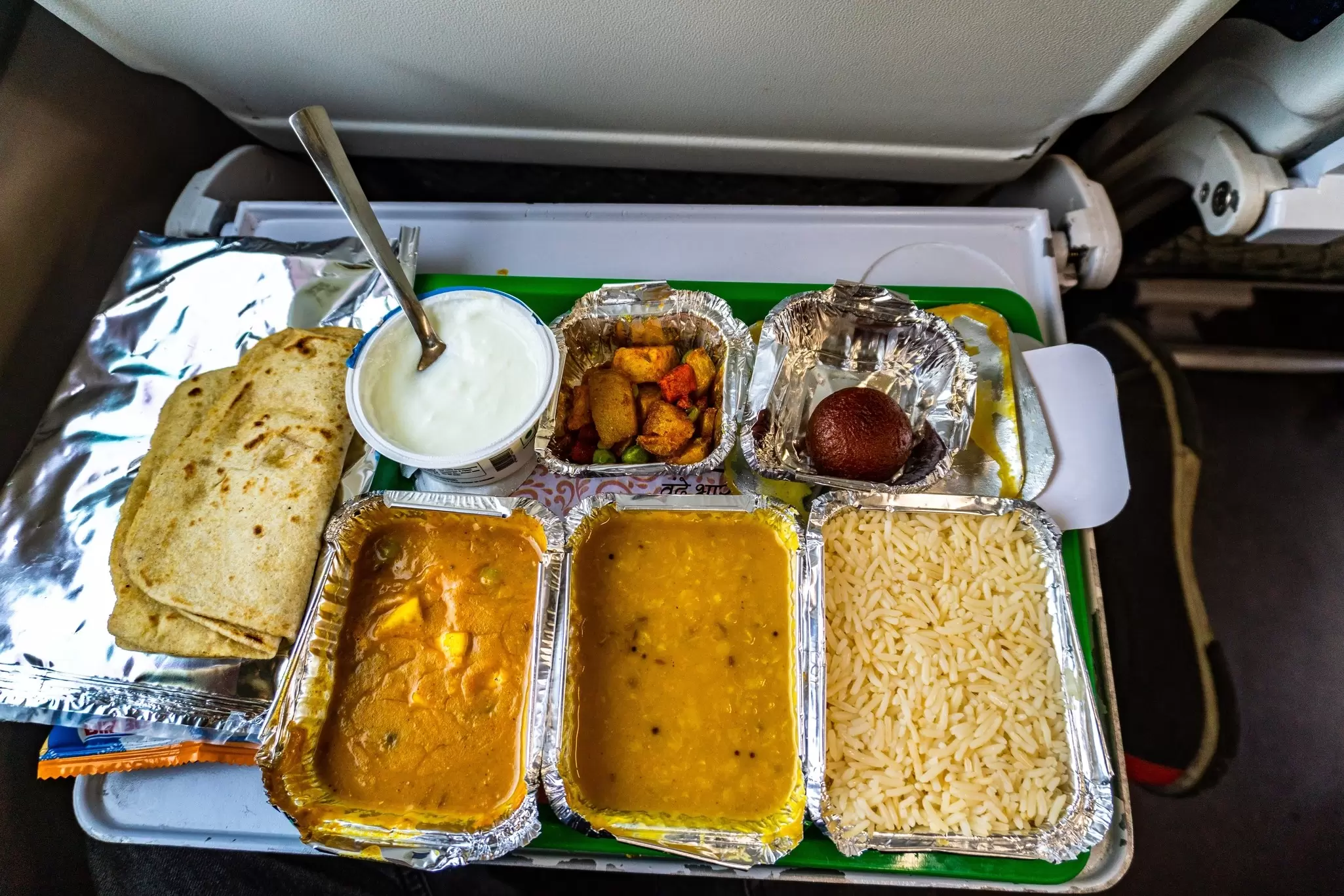 A on-board meal on an Indian train. 