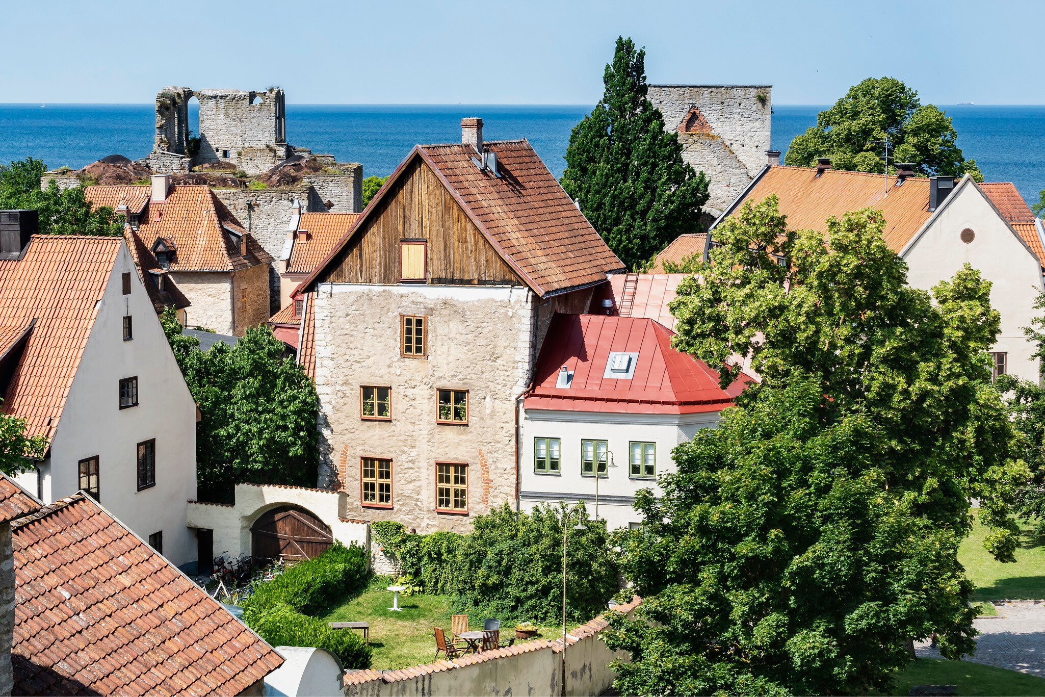View of buildings in the old town of Visby on a sunny day in Gotland, Sweden.