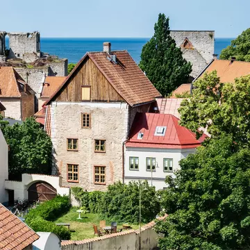 View of buildings in the old town of Visby on a sunny day in Gotland, Sweden.