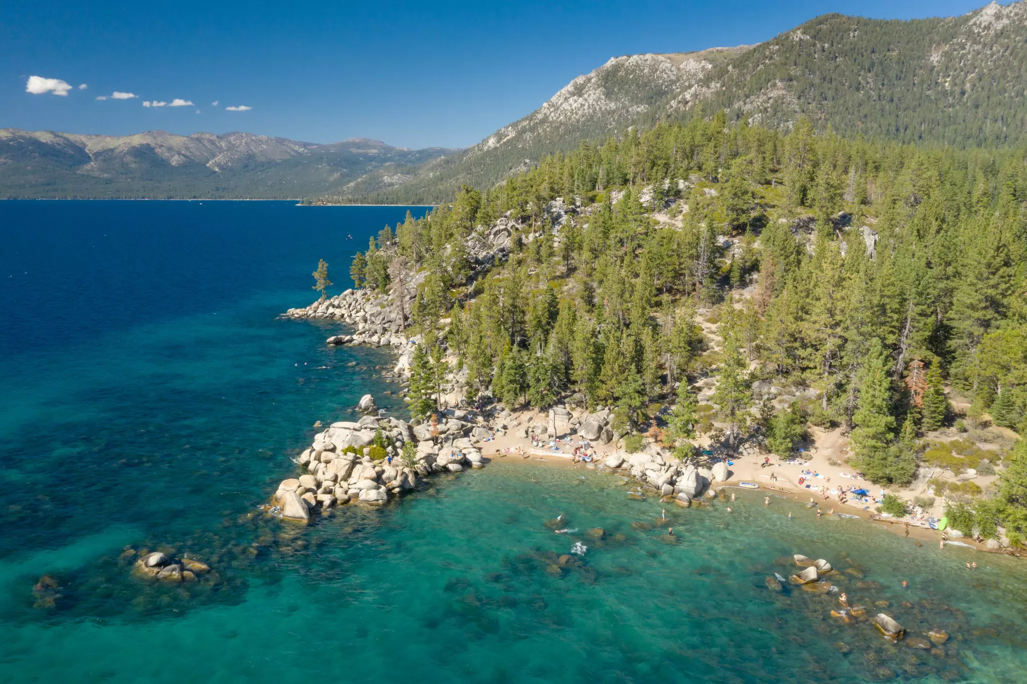 Aerial of the beautiful Chimney Beach on Labor Day, Lake Tahoe.