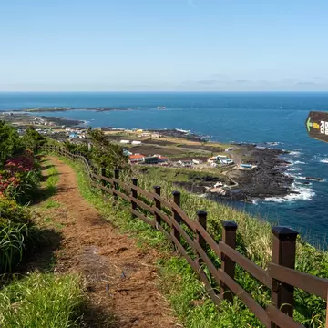 A coastal pathway leading towards a small island settlement