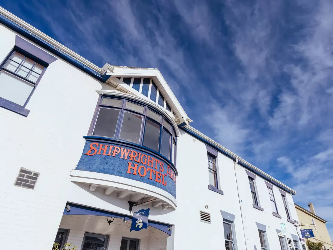 Facade of Shipwrights Arms Hotel in Battery Point which is a suburb in Hobart, Tasmania, Australia. 