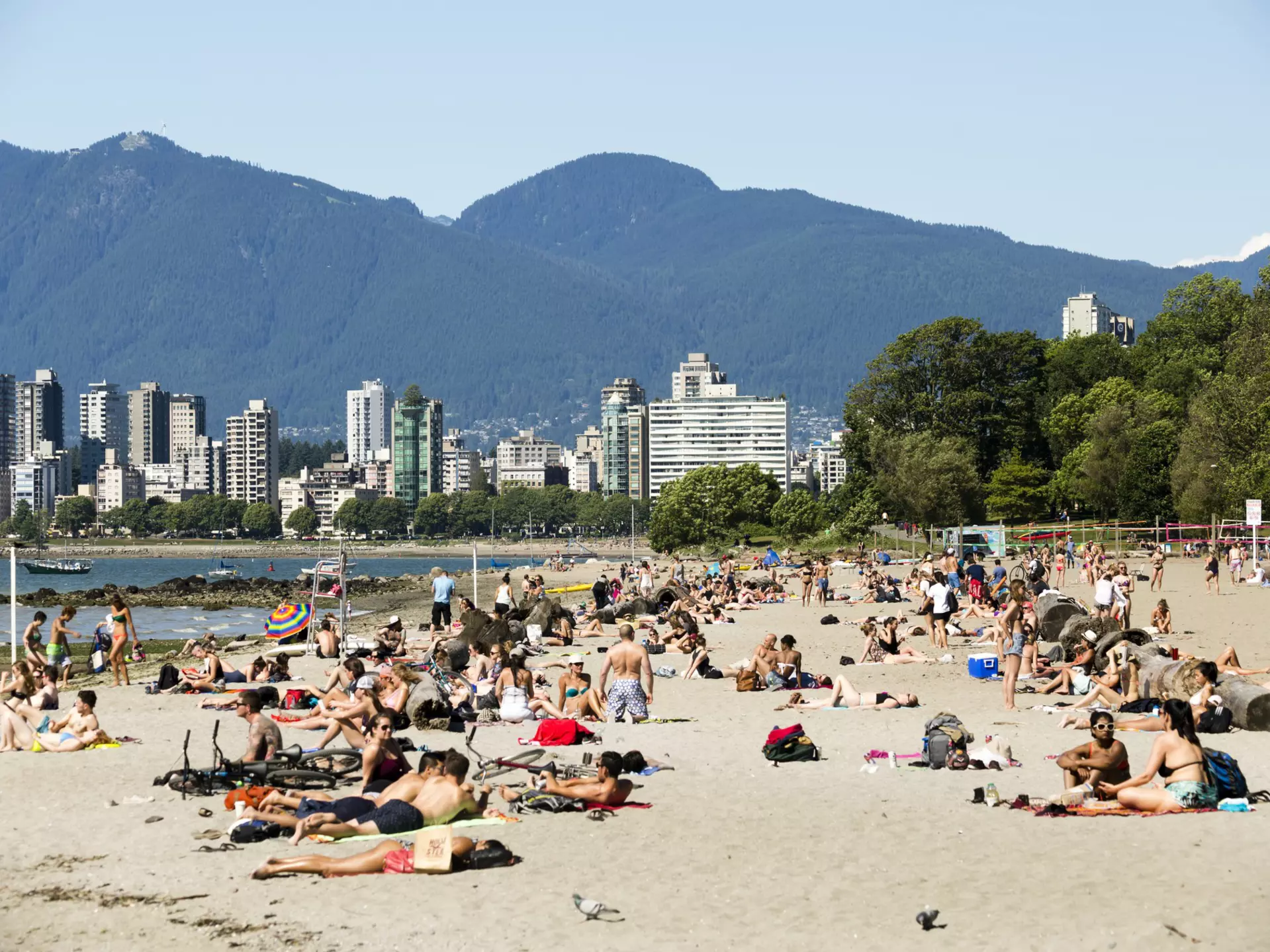 People sunbathe and chat in groups on a beach near an urban area.