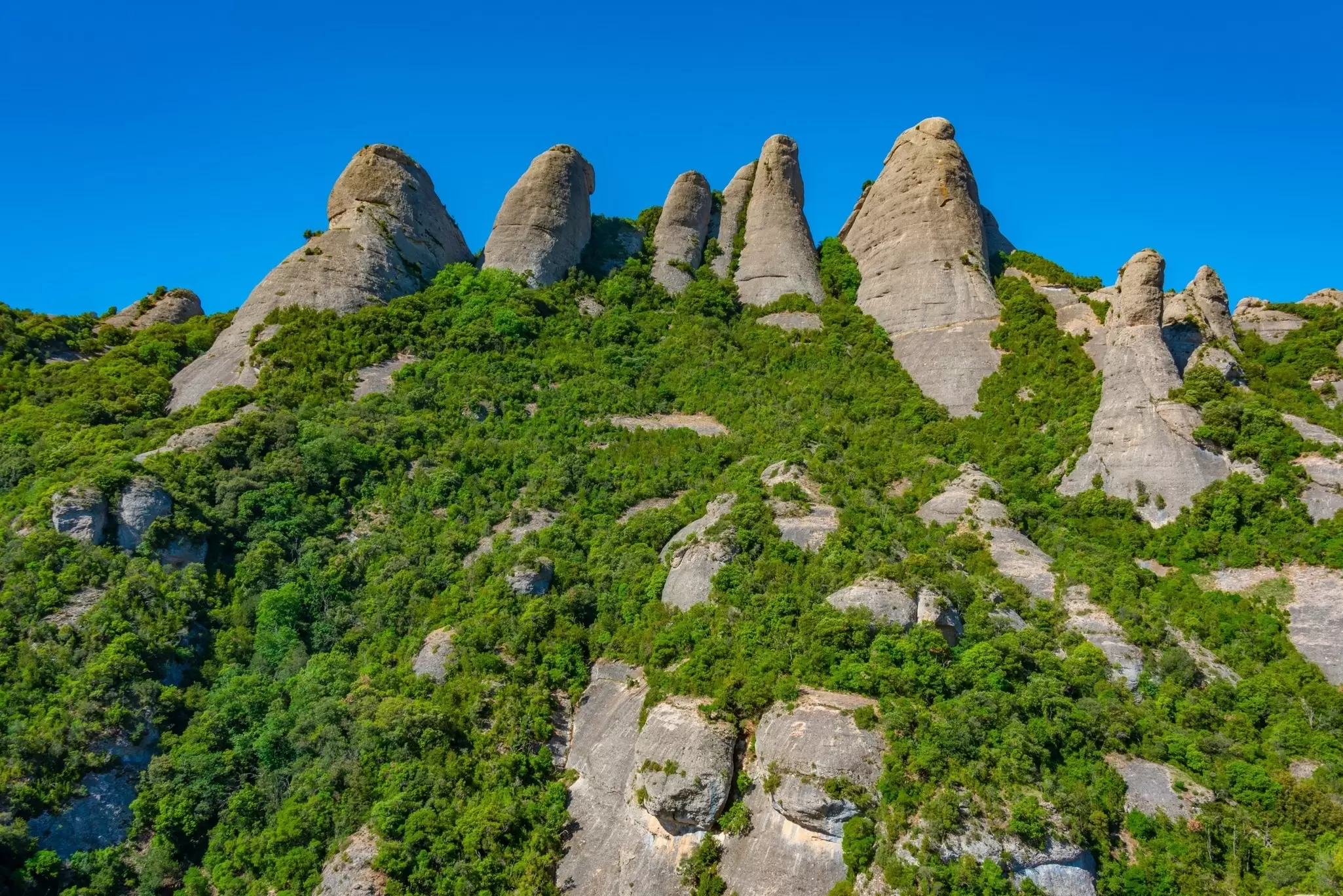 Rock formations at the Parc Natural de la Muntanya de Montserrat in Spain.