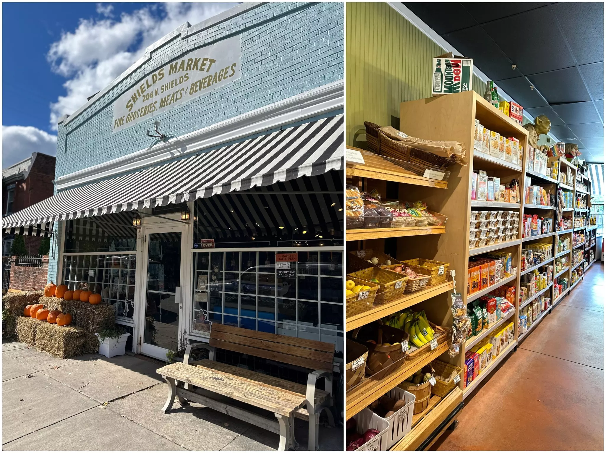 The Shields Market storefront in Richmond, Virginia, and shelves of food inside.