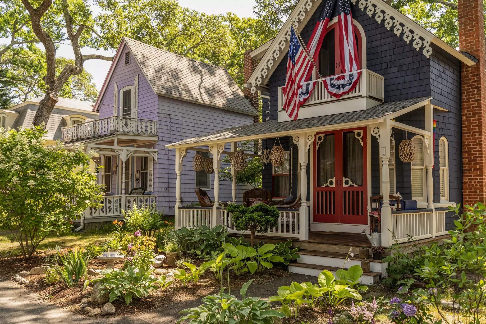 Charming Carpenter Gothic Cottages with Victorian style, gingerbread trim in Oak Bluffs on Martha's Vineyard, Massachusetts