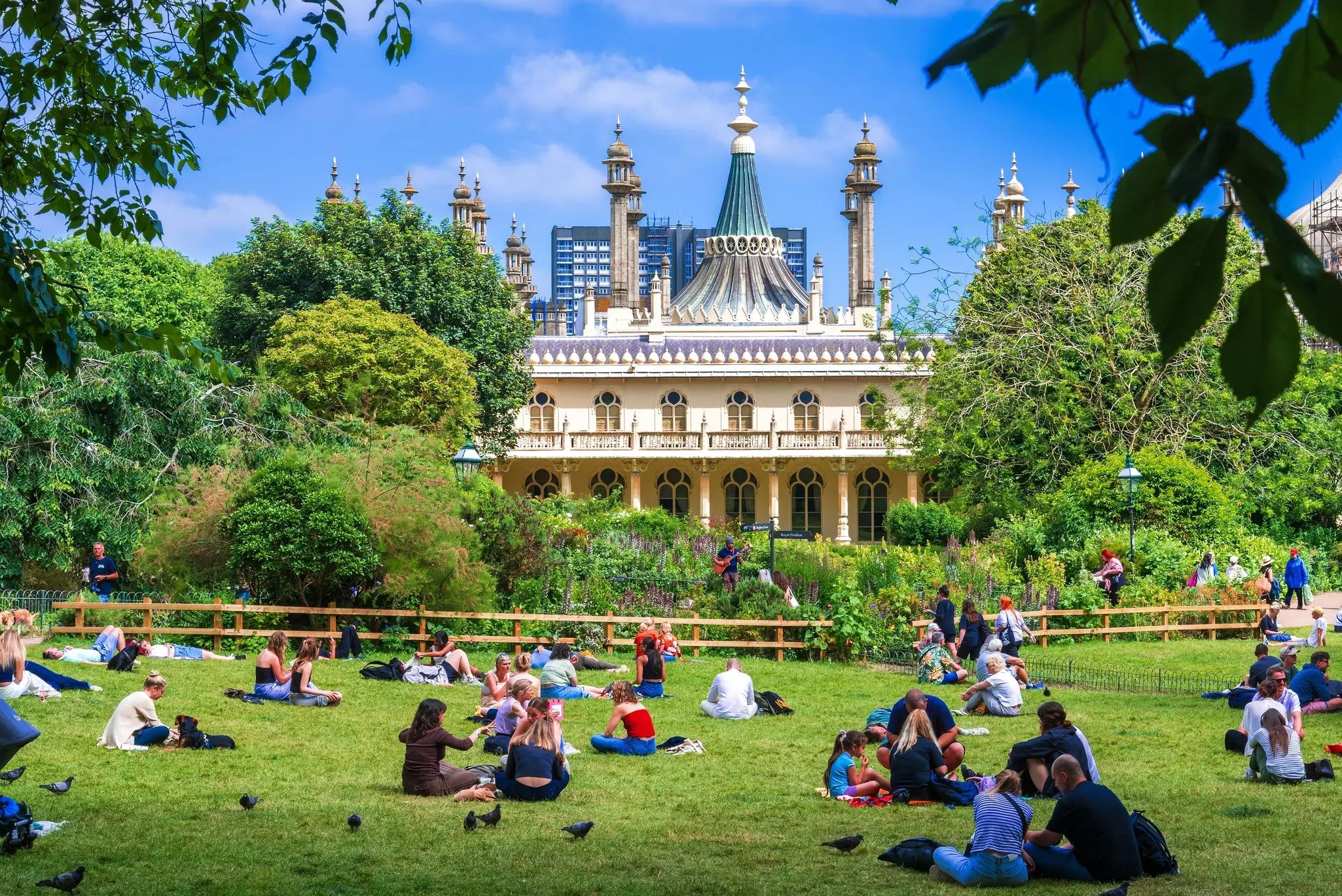 A wide view of the Royal Pavilion gardens in the summer in Brighton, England