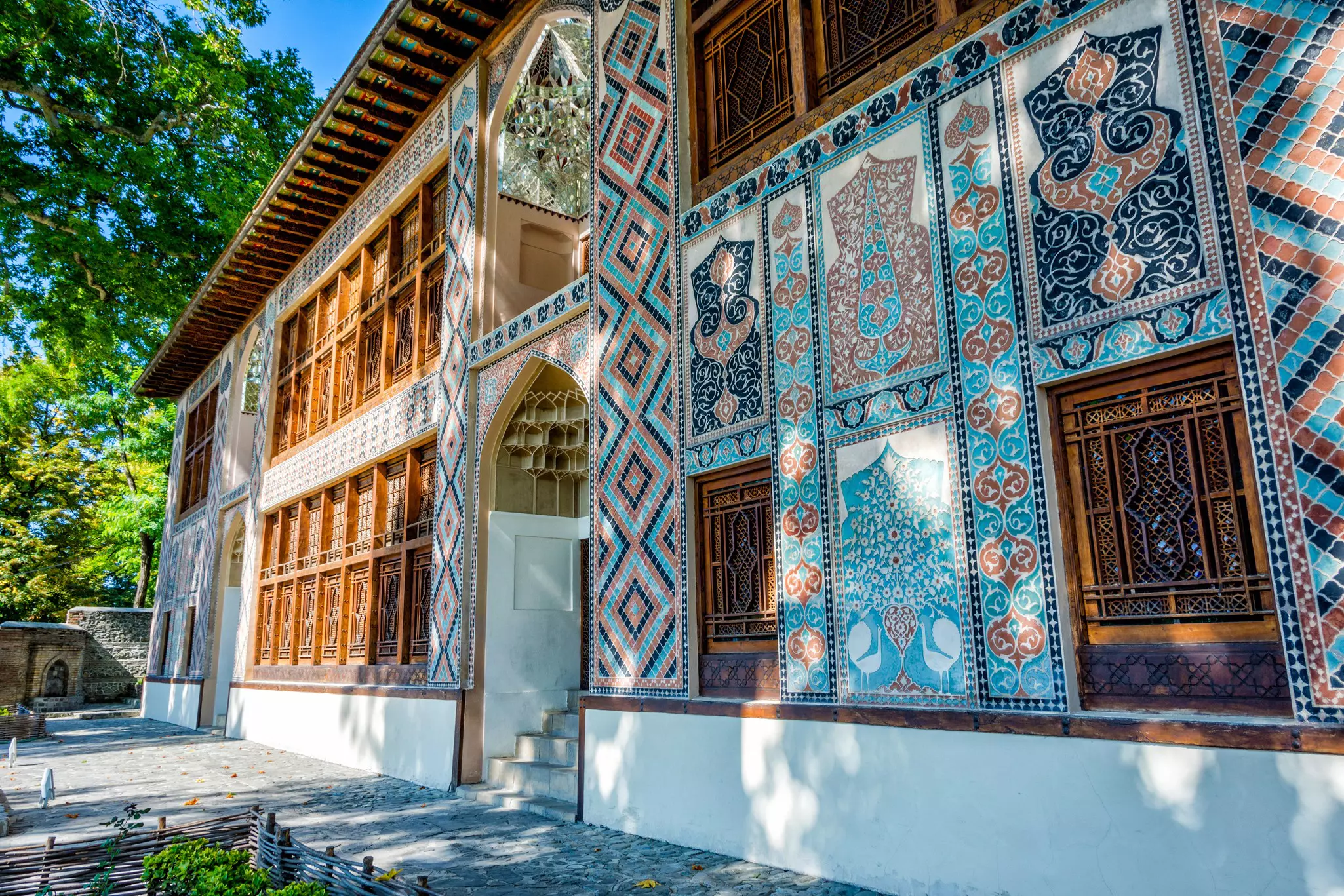 Colorful Xan Sarayi, the palace of the Sheki Khans in Sheki, Azerbaijan