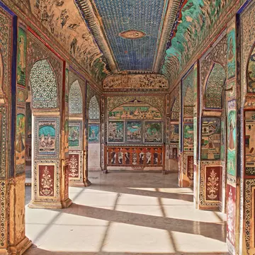 Murals on the wall at Chitrasala in Bundi Palace (Garh). Rajasthan, India.