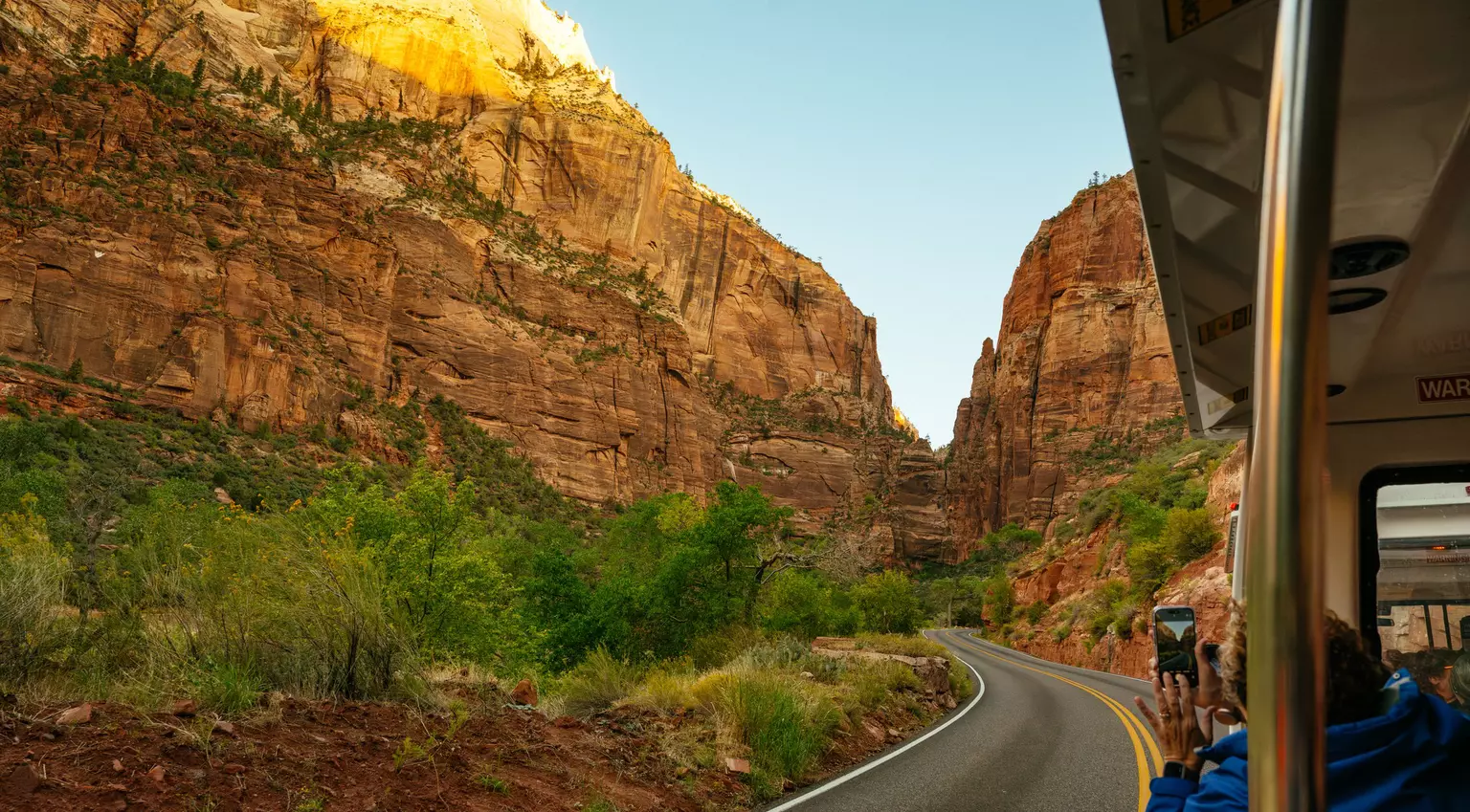 View from a tram at the bottom of Zion National Park, Utah. September 2025.
