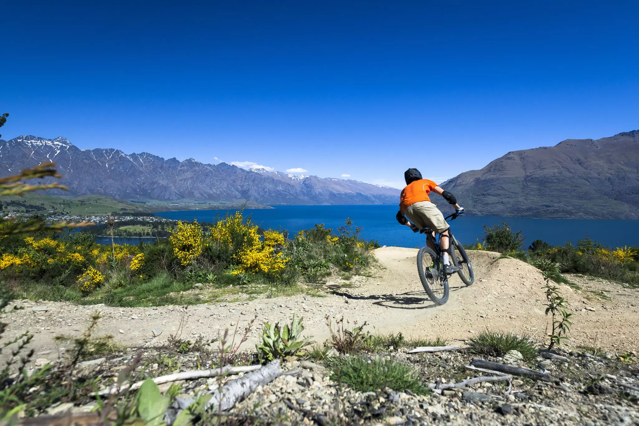A young person rides a mountain bike on a trail above a lake. Spring flowers bloom nearby.