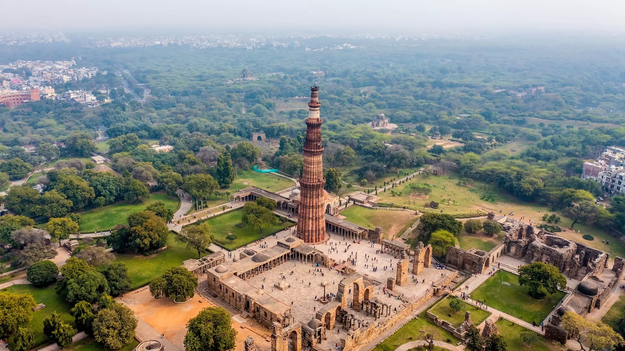 Aerial view of the Qutb Minar tower in Delhi, India.
