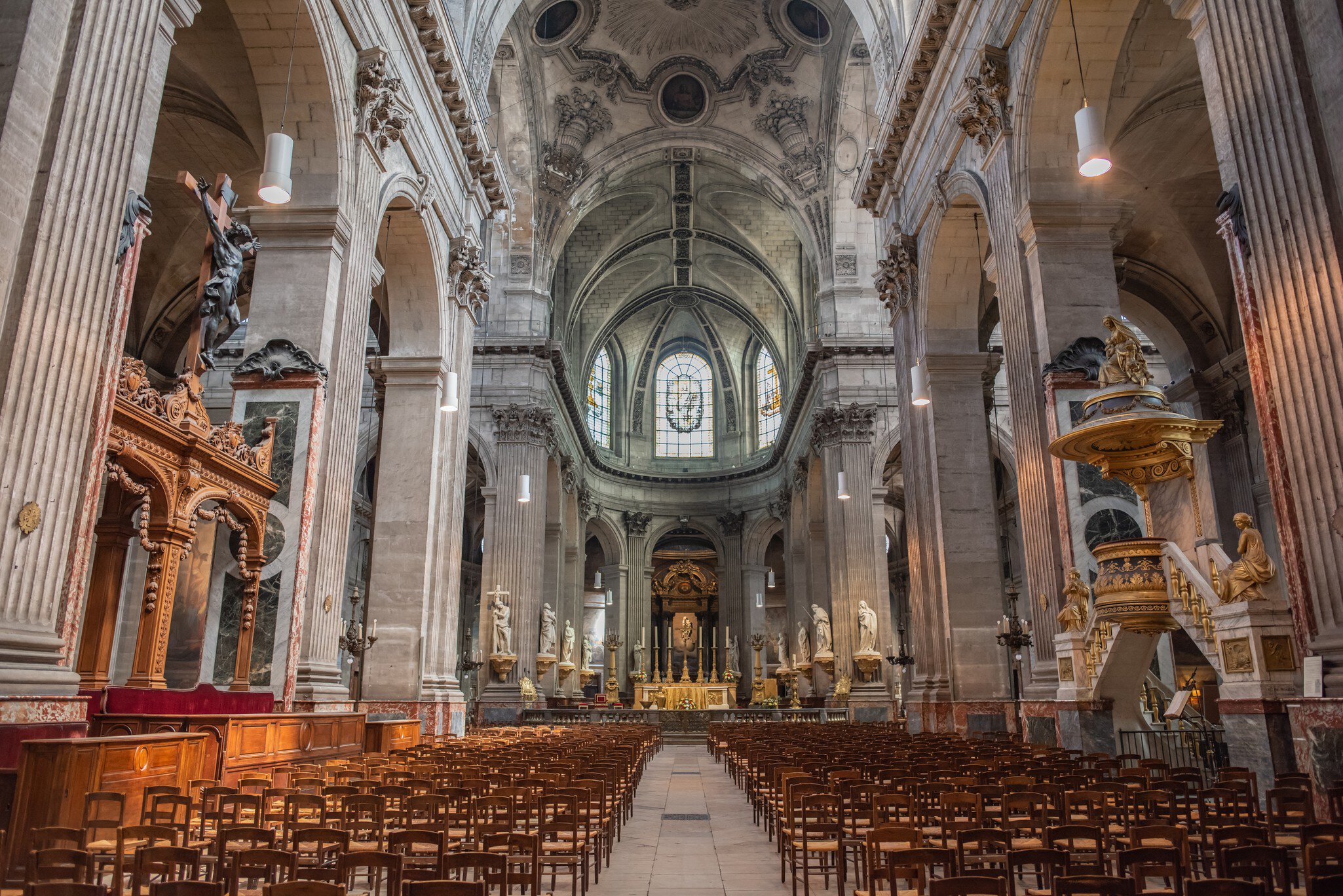 Paris / France - May 18, 2018: The interior of the famous and historic Saint Sulpice Cathedral, located in the Saint-Germain des Pres neighborhood., License Type: media, Download Time: 2026-05-06T20:04:06.000Z, User: LP_KChen, Editorial: true, purchase_order: 65050 - Digital Destinations and Articles, job: Lonely Planet, client: WIP App Content, other: Karen Chen
