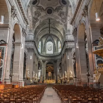 Paris / France - May 18, 2018: The interior of the famous and historic Saint Sulpice Cathedral, located in the Saint-Germain des Pres neighborhood., License Type: media, Download Time: 2026-05-06T20:04:06.000Z, User: LP_KChen, Editorial: true, purchase_order: 65050 - Digital Destinations and Articles, job: Lonely Planet, client: WIP App Content, other: Karen Chen