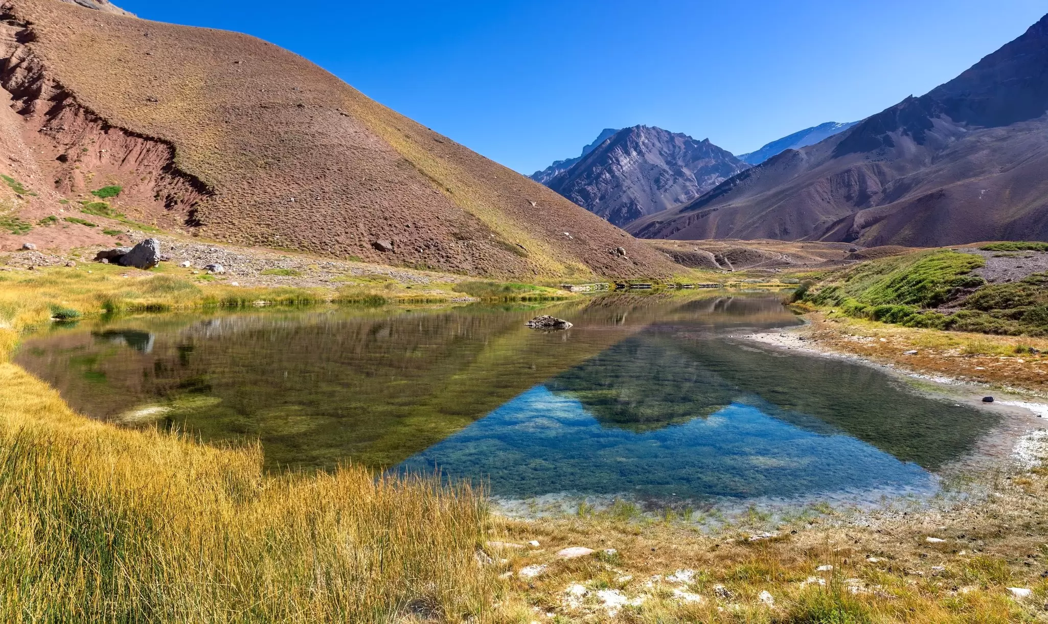 View of Laguna Horcones, a lake in the Parque Provincial Aconcagua in Argentina, surrounded by mountain peaks.