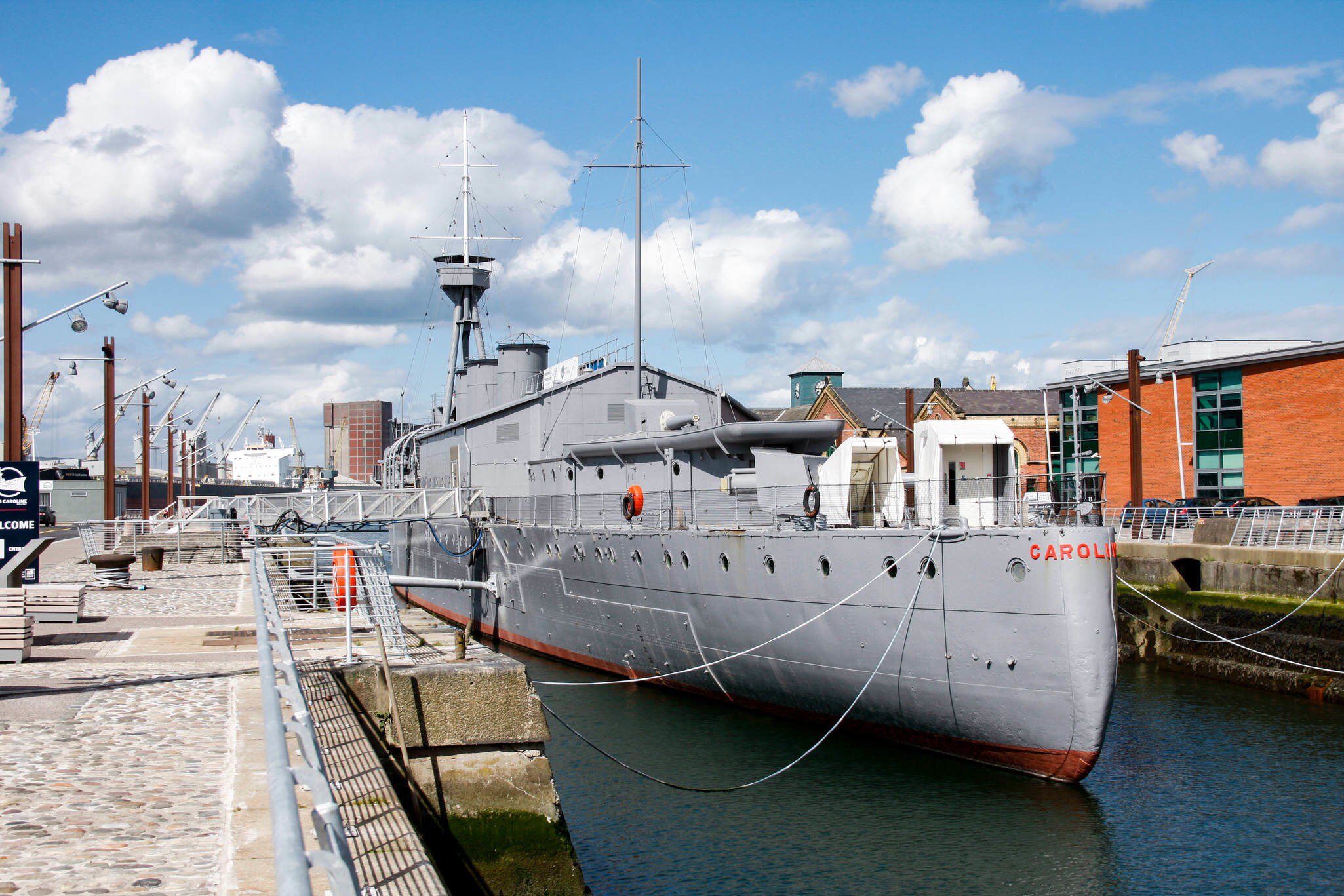 Stern view of the HMS Caroline, a restored World War 1 battleship moored in the Titanic Quarter. 