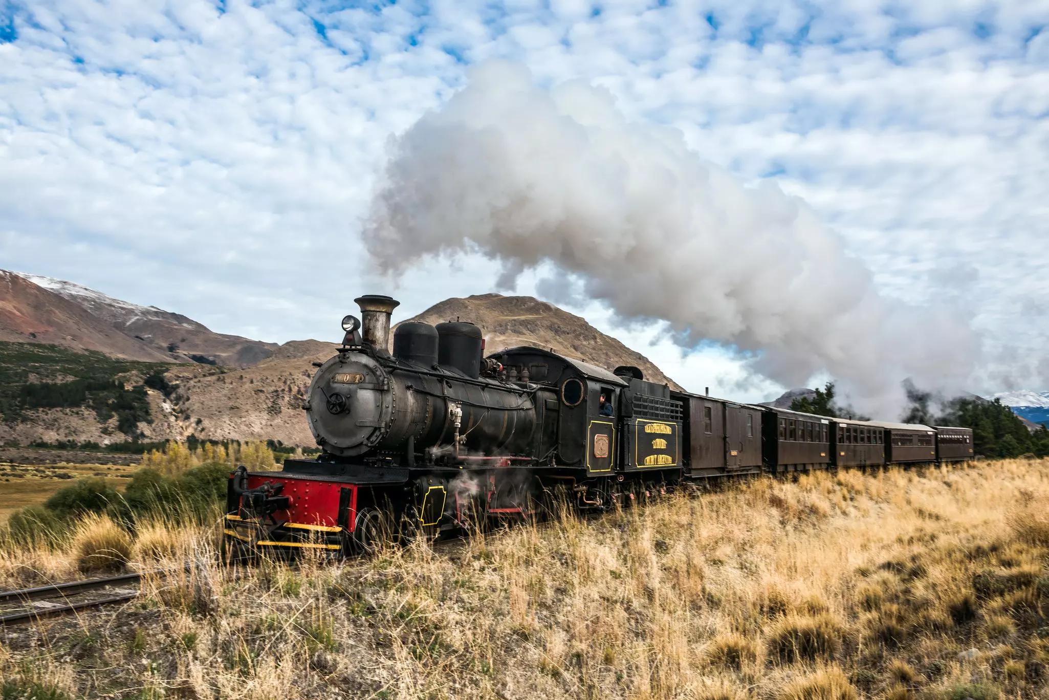 Esquel, Argentina - April 28, 2018: La Trochita (official name: Viejo Expreso Patagonico), the Old Patagonian Express, is a 750 mm (2 ft 5 1?2 in) narrow gauge railway in Patagonia  License Type: media  Download Time: 2024-01-05T08:09:50.000Z  User: mvm_lonelyplanet  Is Editorial: Yes  purchase_order: