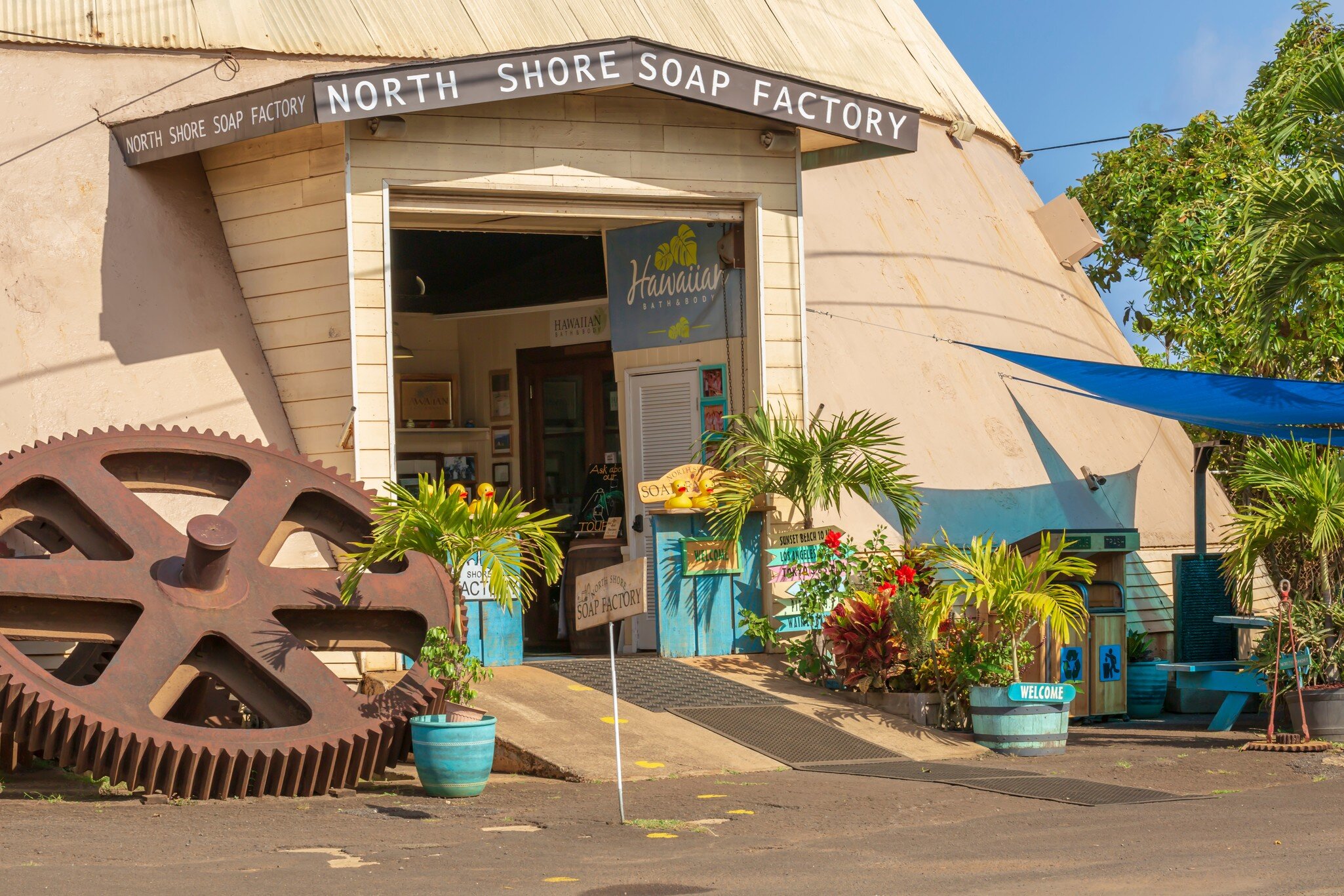 Waialua, Hawaii / USA- April 13 2019: The North Shore soap factory and shop at the old sugar mill in Waialua Hawaii making soap and lotions.; Shutterstock ID 1494367523;