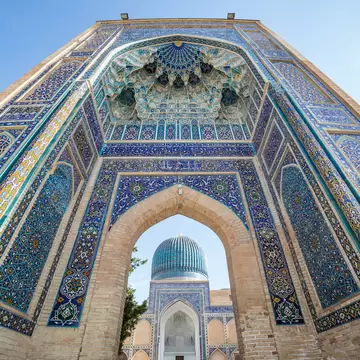 SAMARKAND, UZBEKISTAN - AUGUST 28, 2016: Gur-E Amir Mausoleum, the tomb of the Asian conqueror Tamerlane or Timur, in Samarkand, Uzbekistan