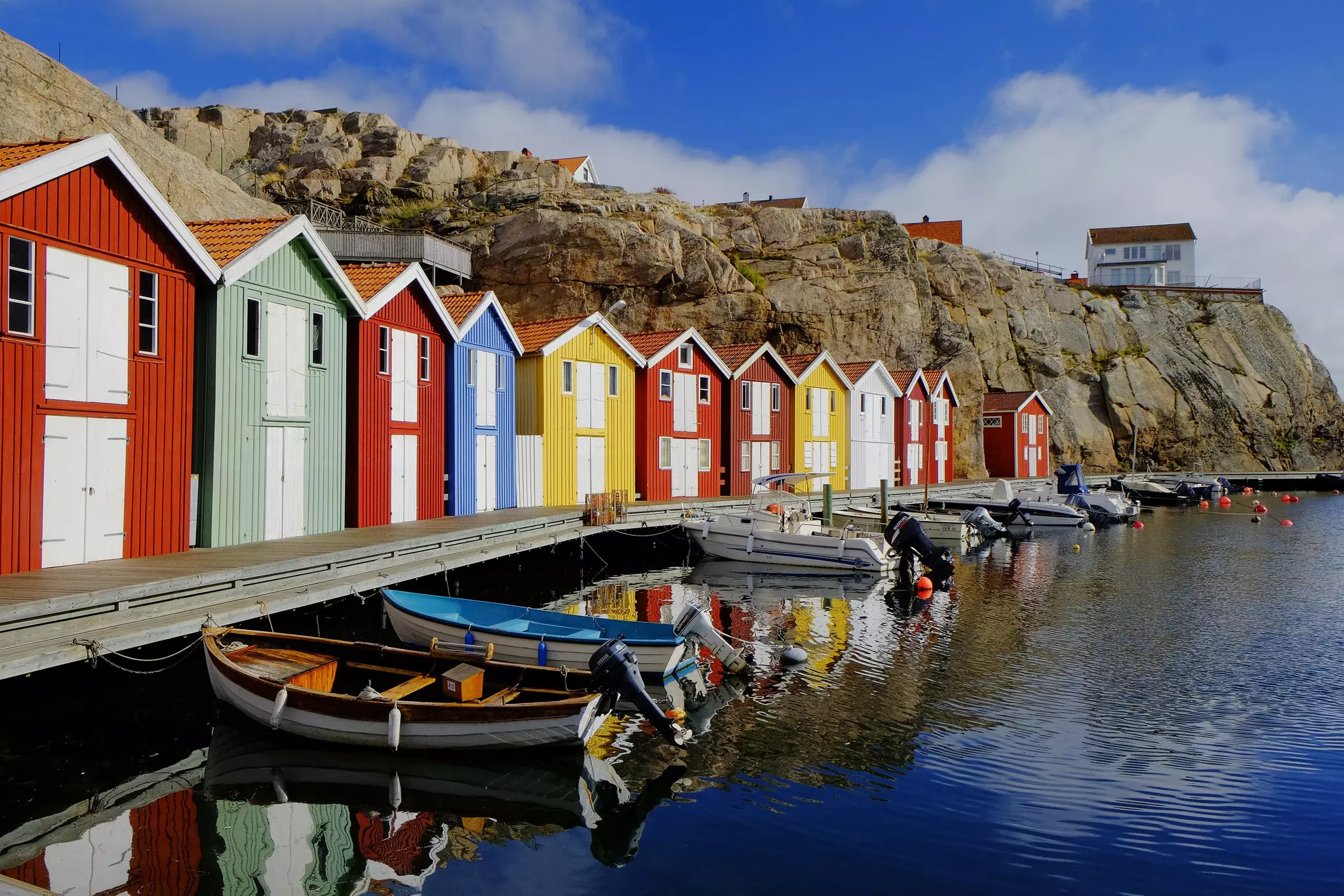 Warehouses lining Smögen’s famous pier, Bohuslän Coast