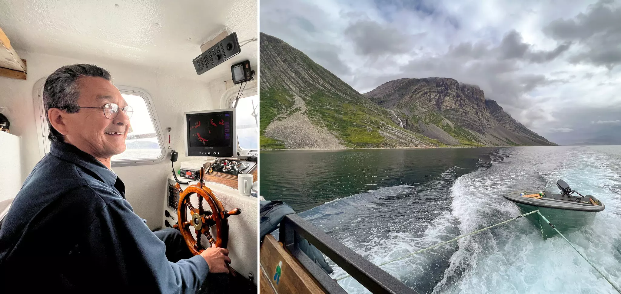 Captain Willy Fox, left; the view from the stern of Safe Passage, right © Liz Beatty