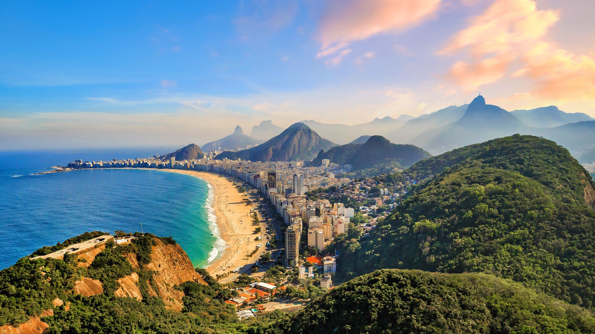 Aerial view of famous Copacabana Beach and Ipanema beach in Rio de Janeiro, Brazil
