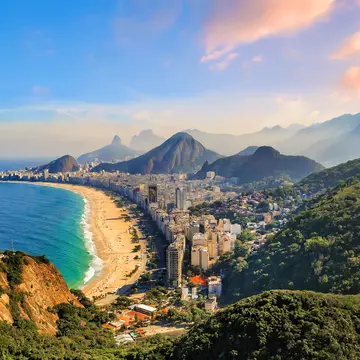 Aerial view of famous Copacabana Beach and Ipanema beach in Rio de Janeiro, Brazil
