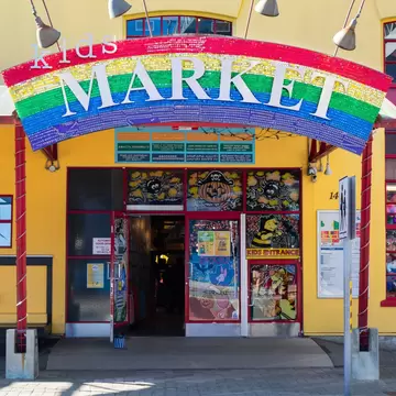 The entrance to Kids Market on Granville Island, which houses various stores and activities for kids and families in Vancouver, Canada.