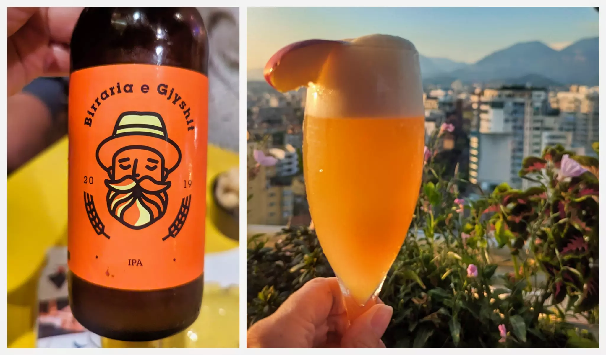 A local IPA beer and a Bellini at sundown in Tirana © Laura Millar 