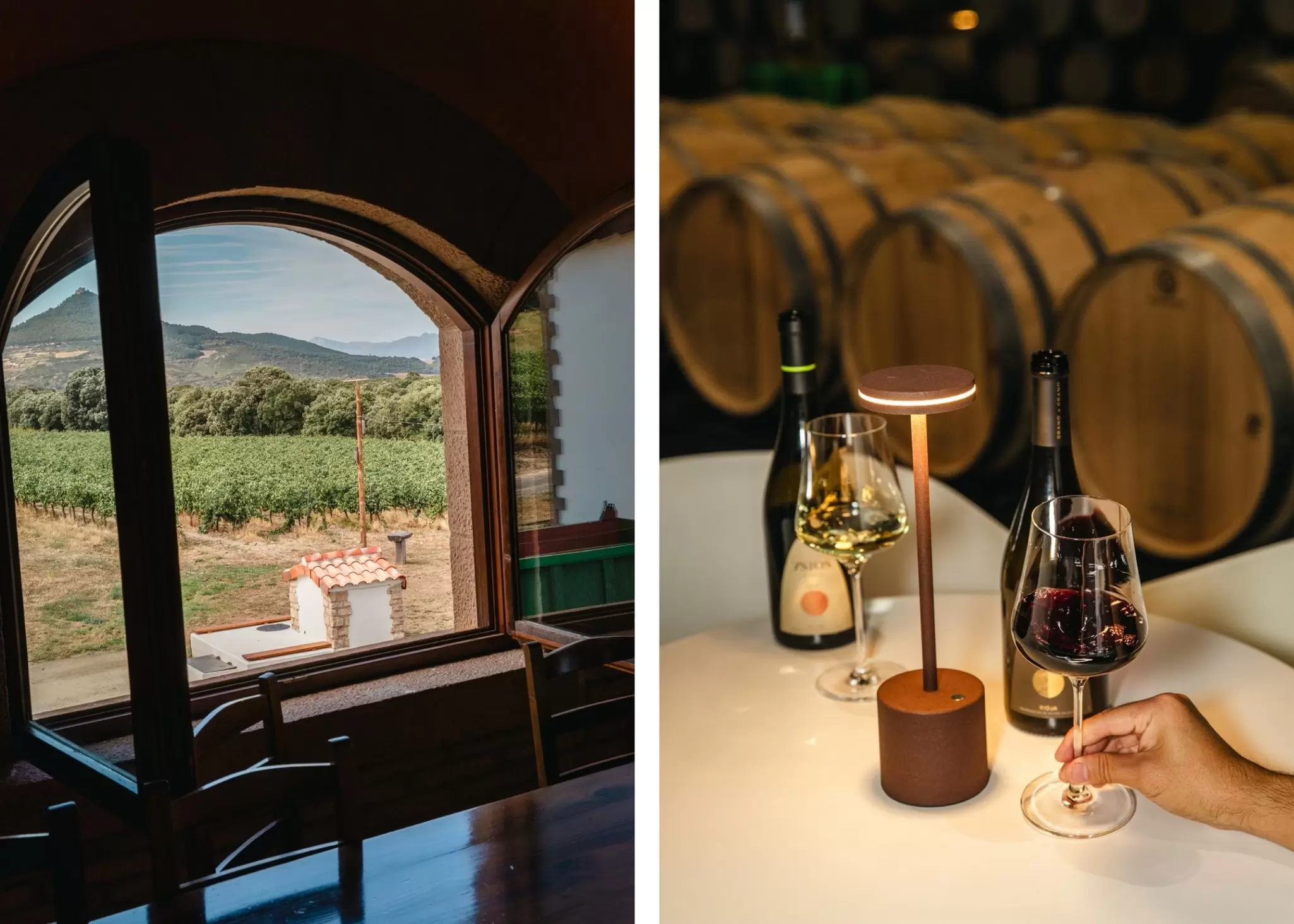 Left: A view of a vineyard from a winery dining room; right: two wine glasses and two bottles of wine on a table in a wine cellar near some barrels: Bodegas Ysios, La Rioja, Spain