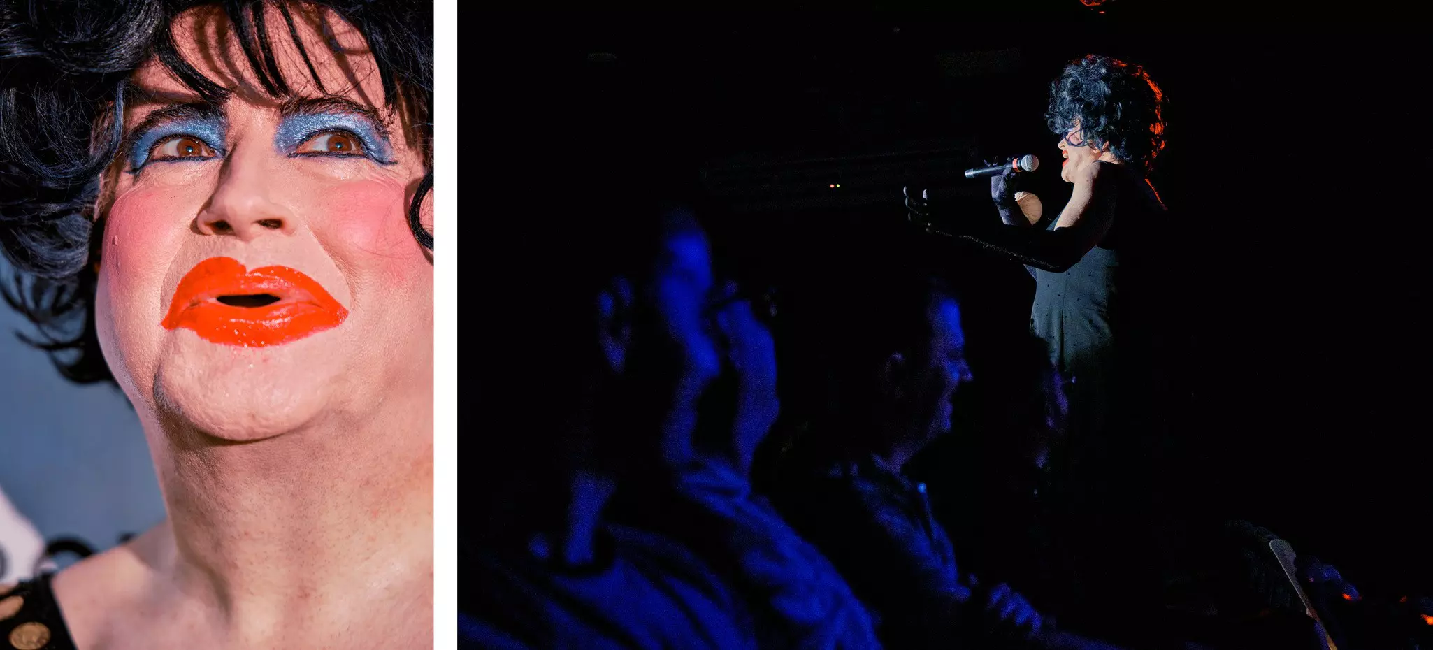 A diptych of a close up of the drag queen Dina Martina on the left, and a shot of her in the crowd on the right.