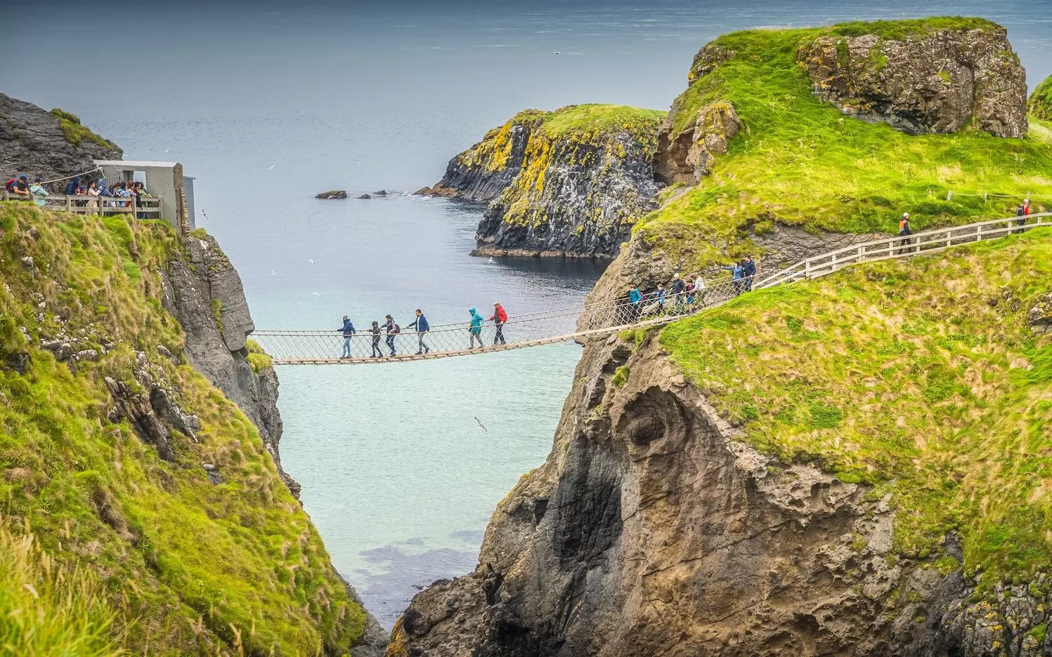 The Carrick-a-Rede rope bridge and scenic surroundings on the Wild Atlantic Way, Northern Ireland