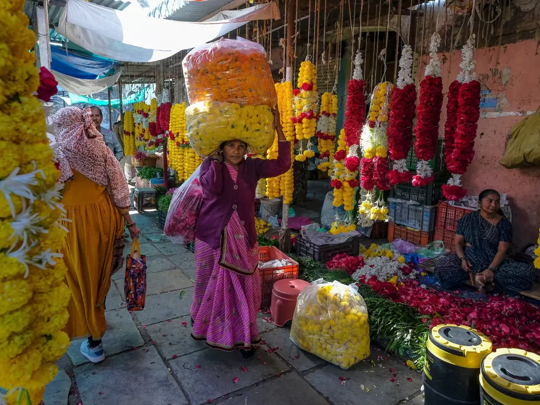 Flower sellers at the Khanderao Market in Vadodara, Gujarat, India.