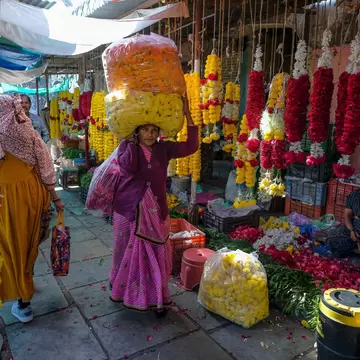 Flower sellers at the Khanderao Market in Vadodara, Gujarat, India.