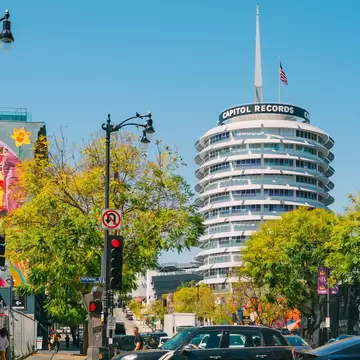 Los Angeles, California, USA - April 26, 2023. The Capitol Records Building, also known as the Capitol Records Tower, a 13-story tower building in Hollywood, Los Angeles  License Type: media  Download Time: 2023-10-05T13:36:23.000Z  User: nic.dhoedt_lonelyplanet  Is Editorial: Yes  purchase_order:   