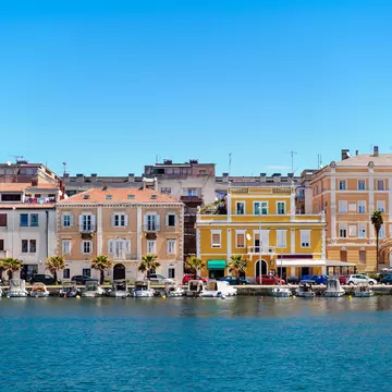 Zadar, orange houses, turquoise sea and blue sky, Croatia.