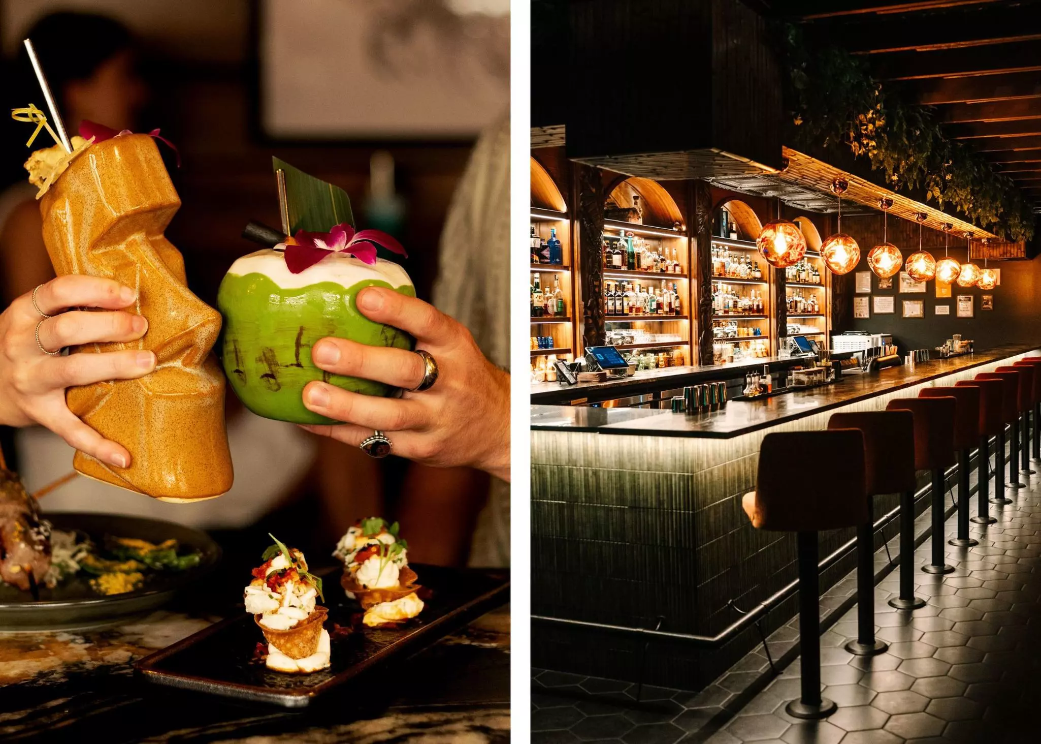 Left, close up of two hands holding tropical drinks with appetizers below them on a table; right, the interior of a dimly lit bar.