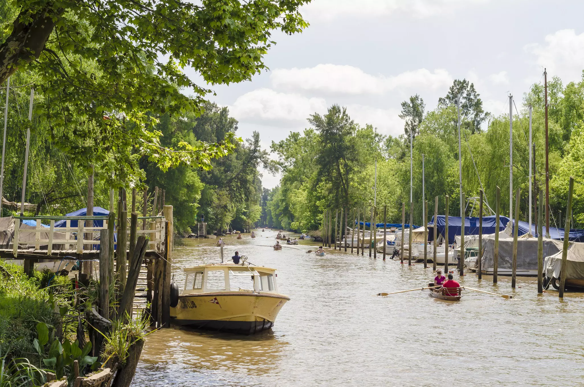 A canal lined with palm trees. A small row boat passed with two people on board