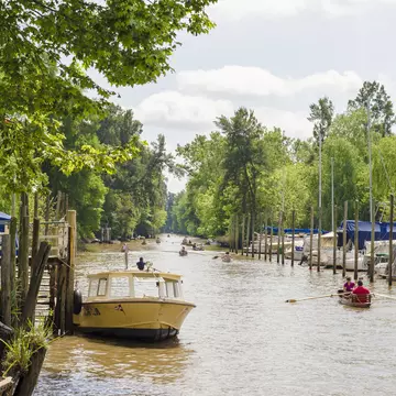 A canal lined with palm trees. A small row boat passed with two people on board