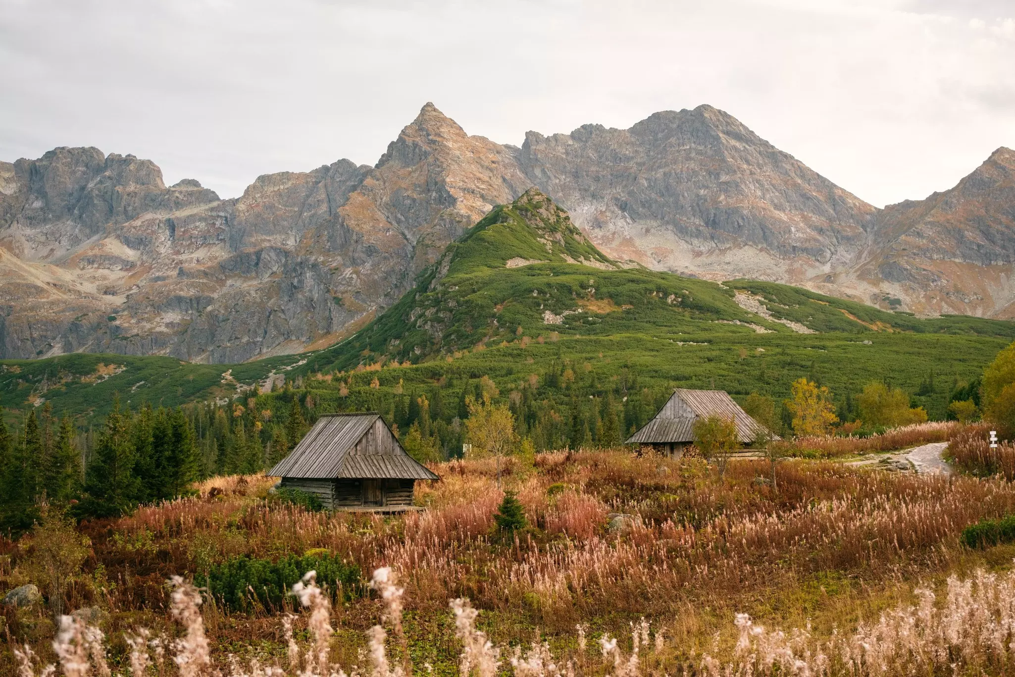 Two huts in a dry grassy field; a green hill and rocky mountains are behind them.